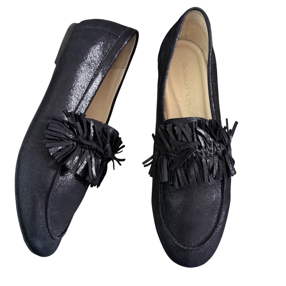 Chocolat Blu Lana Fringed Shimmer Black‎ Leather Flats sz 6